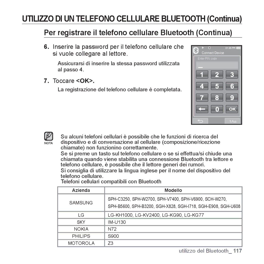 Samsung YP-P2JAB/XET, YP-P2JQB/XET, YP-P2JAW/XET manual Toccare OK, ƒ La registrazione del telefono cellulare è completata 