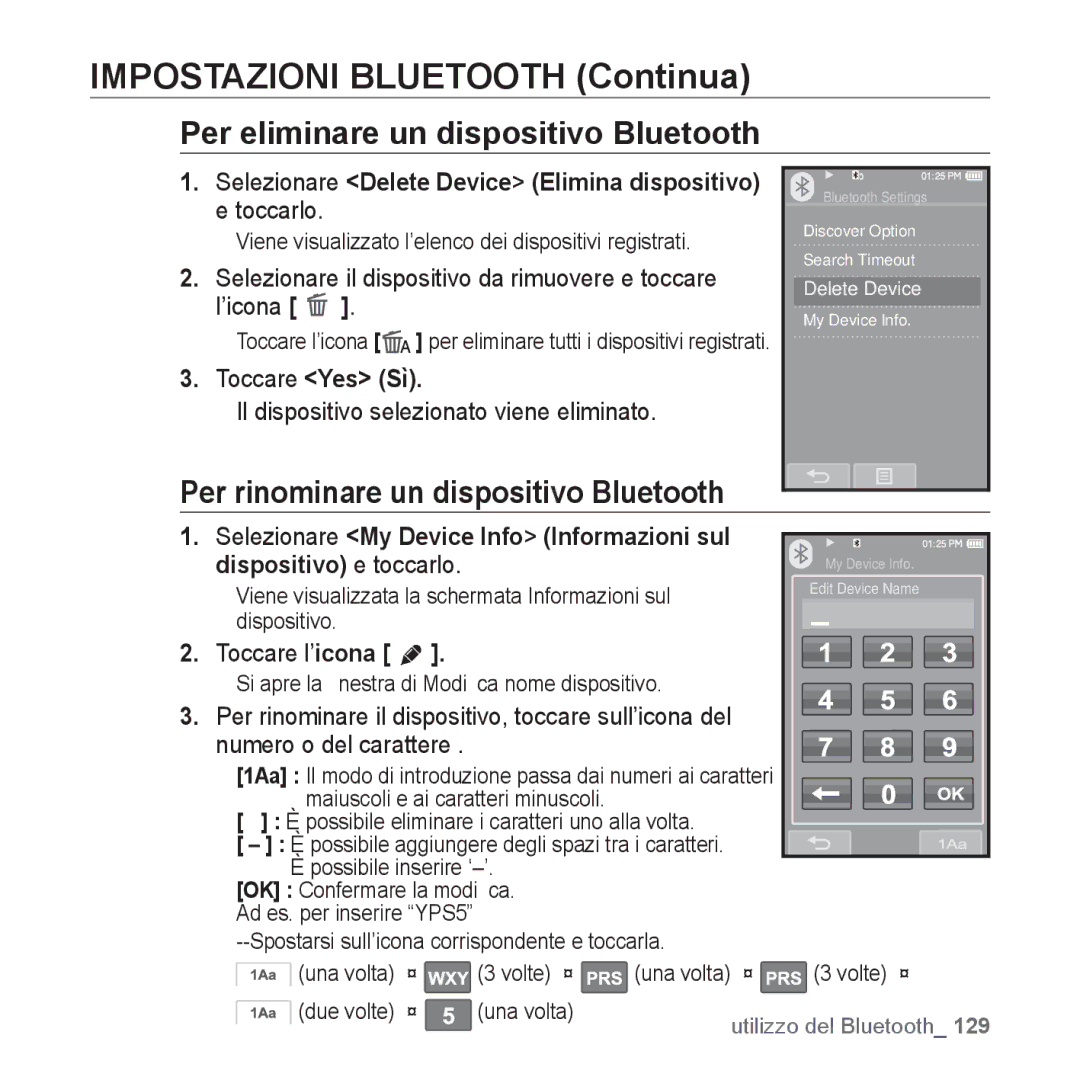 Samsung YP-P2JAB/XET, YP-P2JQB/XET, YP-P2JAW/XET Impostazioni Bluetooth Continua, Per eliminare un dispositivo Bluetooth 