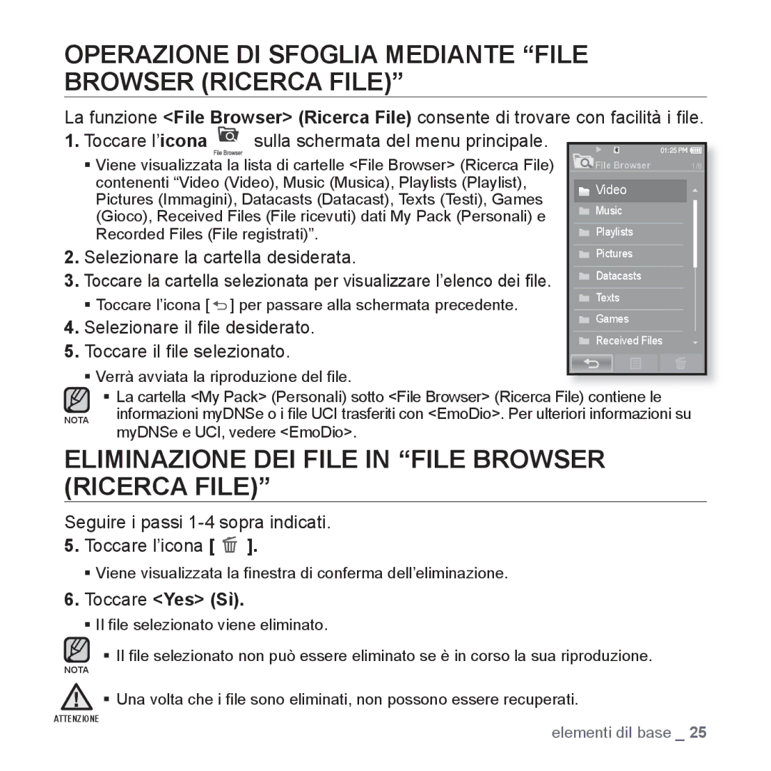 Samsung YP-P2JAB/XET, YP-P2JQB/XET, YP-P2JAW/XET Operazione DI Sfoglia Mediante File Browser Ricerca File, Toccare Yes Sì 