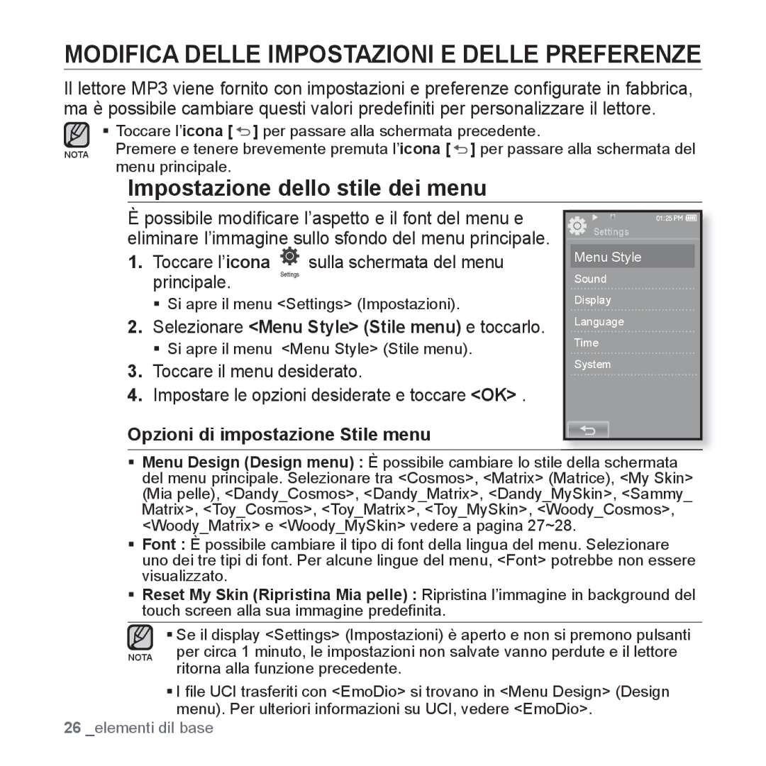 Samsung YP-P2JAW/XET, YP-P2JQB/XET manual Modifica Delle Impostazioni E Delle Preferenze, Impostazione dello stile dei menu 