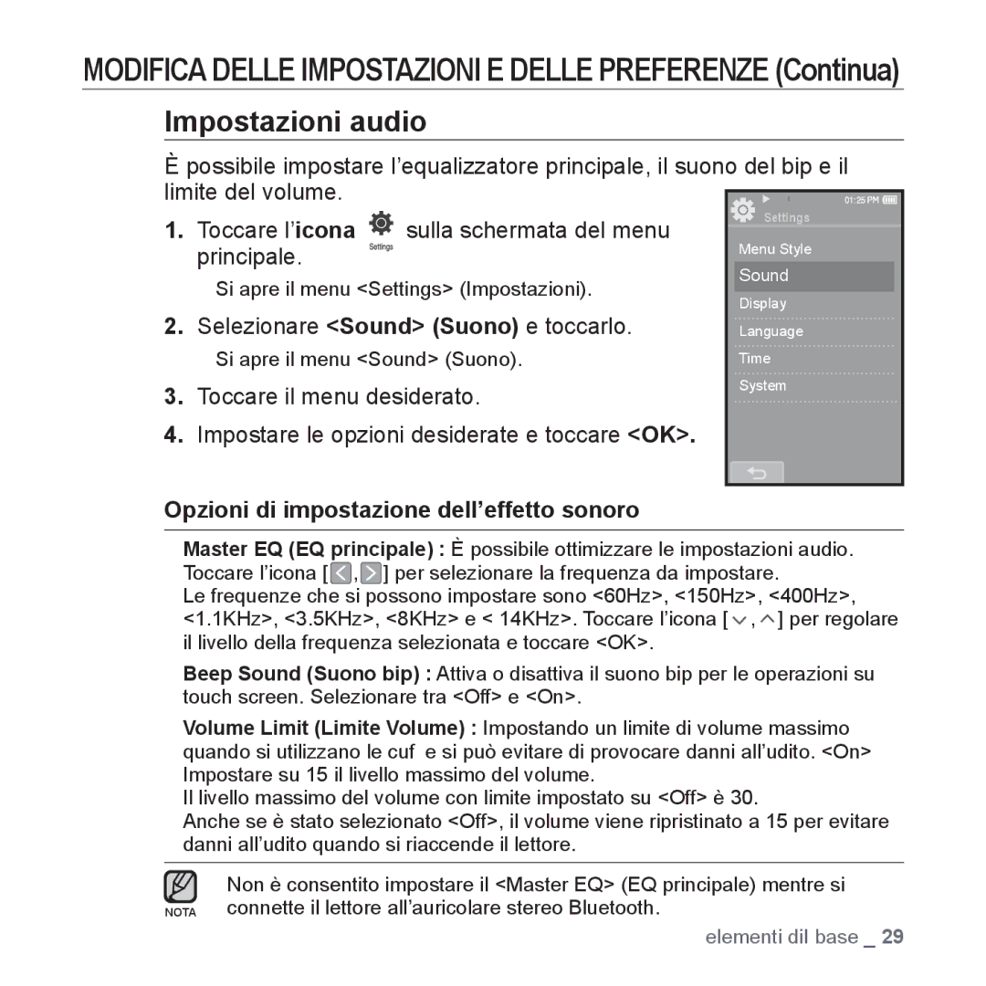 Samsung YP-P2JAB/XET, YP-P2JQB/XET, YP-P2JAW/XET manual Impostazioni audio, Opzioni di impostazione dell’effetto sonoro 