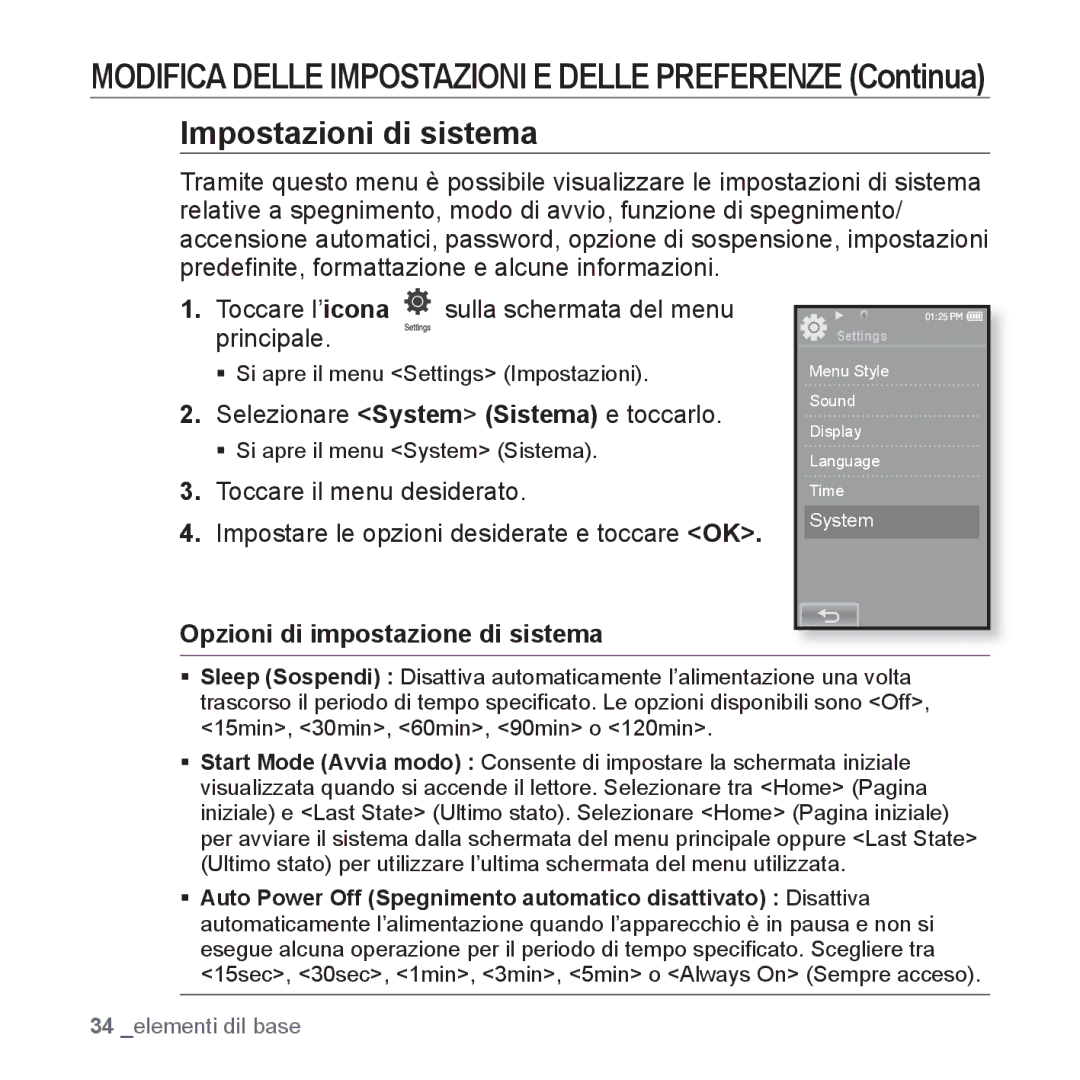 Samsung YP-P2JAW/XET Impostazioni di sistema, Selezionare System Sistema e toccarlo, Opzioni di impostazione di sistema 