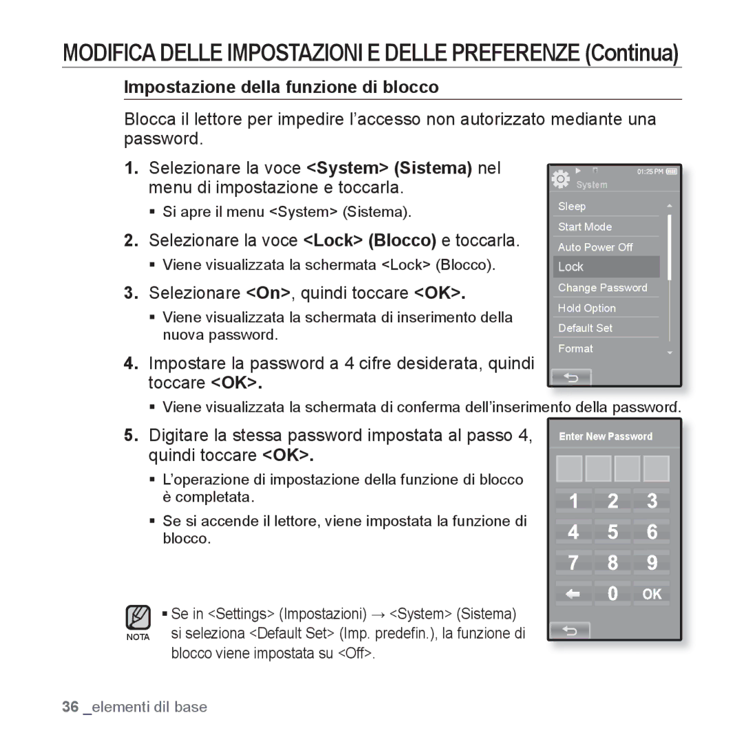 Samsung YP-P2JQB/XET, YP-P2JAB/XET manual Impostazione della funzione di blocco, Selezionare la voce Lock Blocco e toccarla 