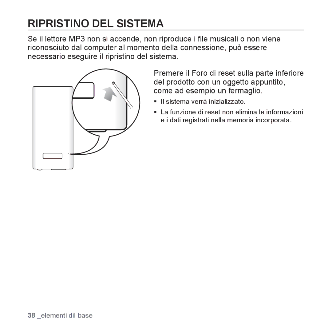 Samsung YP-P2JAW/XET, YP-P2JQB/XET, YP-P2JAB/XET, YP-P2JCB/XET manual Ripristino DEL Sistema 