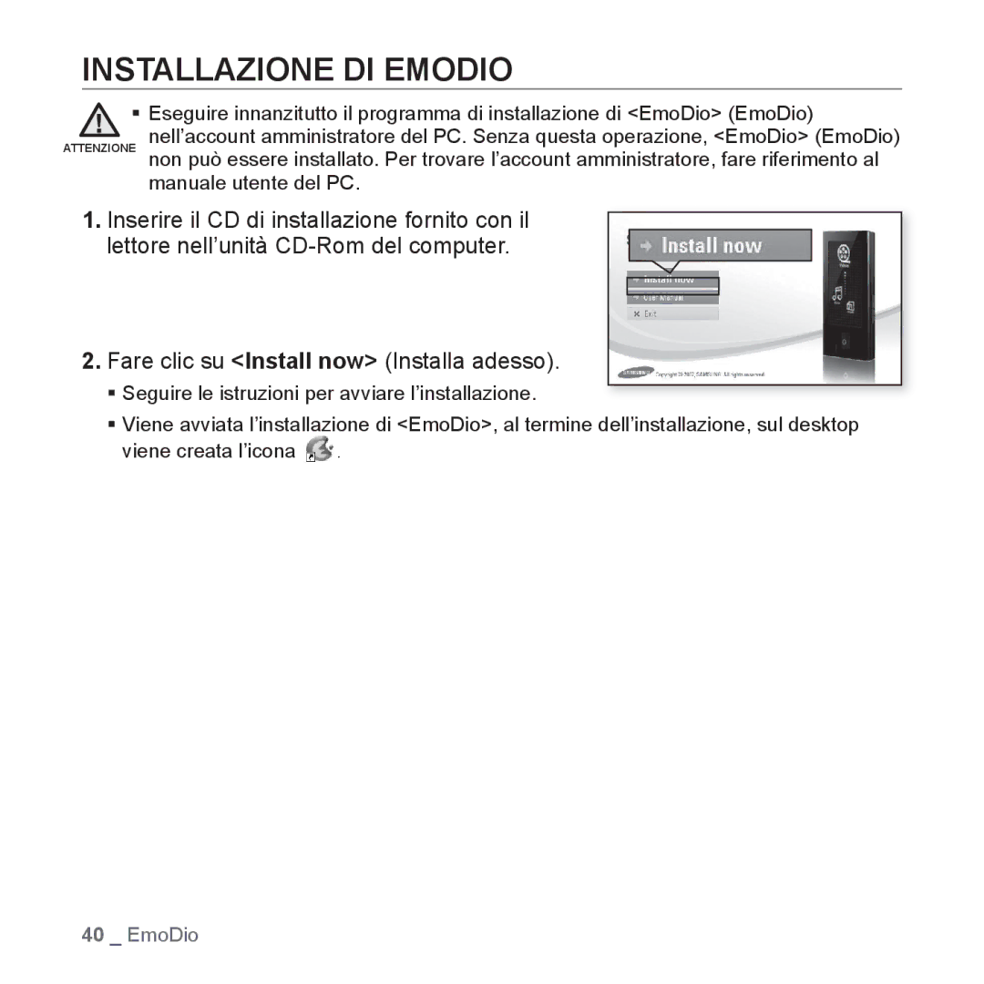 Samsung YP-P2JQB/XET, YP-P2JAB/XET, YP-P2JAW/XET, YP-P2JCB/XET manual Installazione DI Emodio 