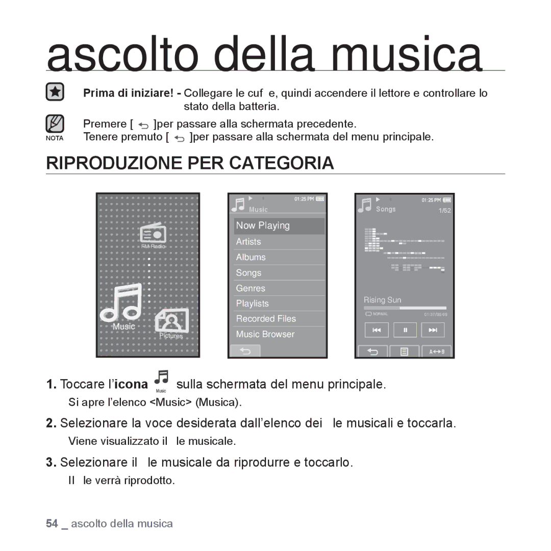 Samsung YP-P2JAW/XET, YP-P2JQB/XET, YP-P2JAB/XET, YP-P2JCB/XET manual Ascolto della musica, Riproduzione PER Categoria 