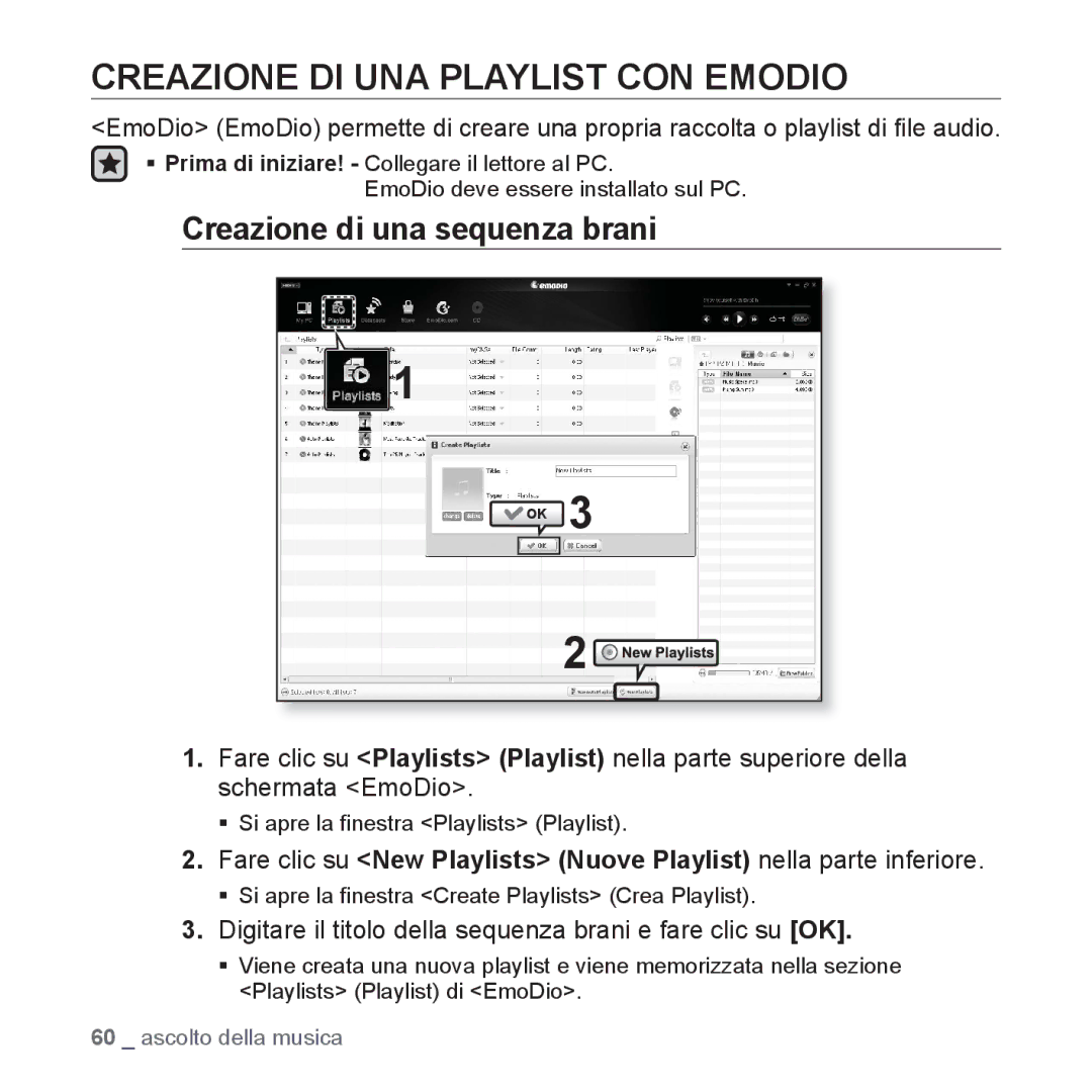 Samsung YP-P2JQB/XET, YP-P2JAB/XET, YP-P2JAW/XET manual Creazione DI UNA Playlist CON Emodio, Creazione di una sequenza brani 