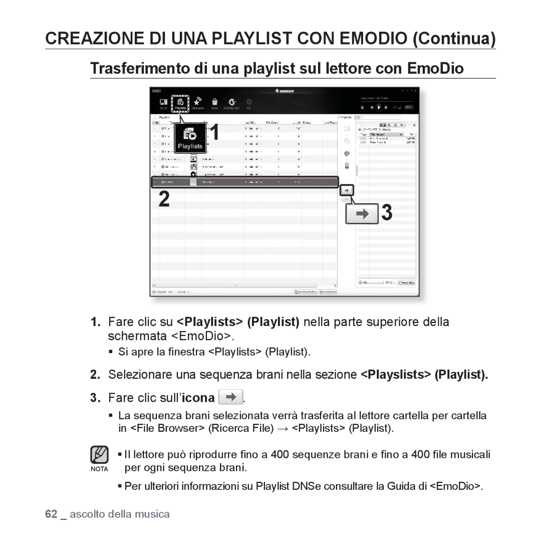 Samsung YP-P2JAW/XET, YP-P2JQB/XET, YP-P2JAB/XET, YP-P2JCB/XET manual Trasferimento di una playlist sul lettore con EmoDio 