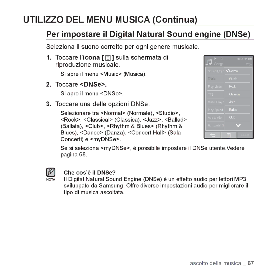 Samsung YP-P2JCB/XET, YP-P2JQB/XET manual Utilizzo DEL Menu Musica Continua, Toccare DNSe, Toccare una delle opzioni DNSe 