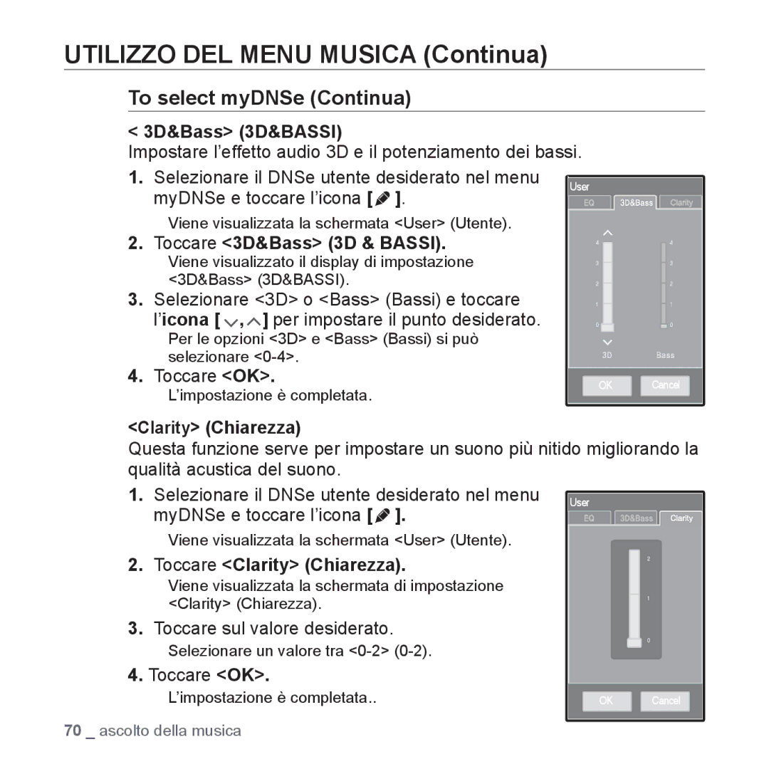 Samsung YP-P2JAW/XET, YP-P2JQB/XET manual 3D&Bass 3D&BASSI, Toccare 3D&Bass 3D & Bassi, Toccare Clarity Chiarezza 