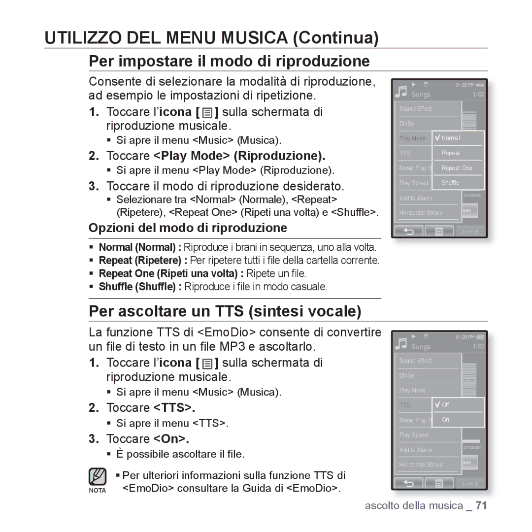 Samsung YP-P2JCB/XET, YP-P2JQB/XET, YP-P2JAB/XET Per impostare il modo di riproduzione, Per ascoltare un TTS sintesi vocale 