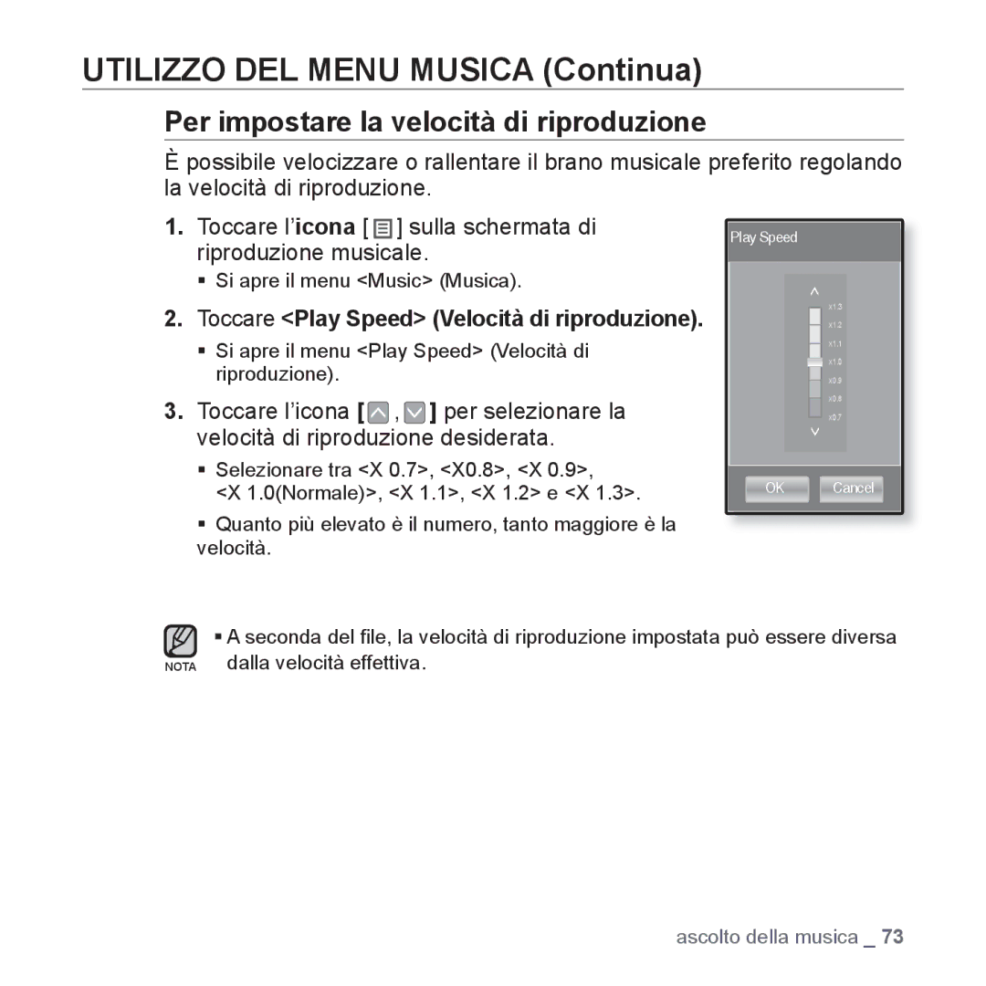 Samsung YP-P2JAB/XET Per impostare la velocità di riproduzione, ƒ Si apre il menu Play Speed Velocità di riproduzione 