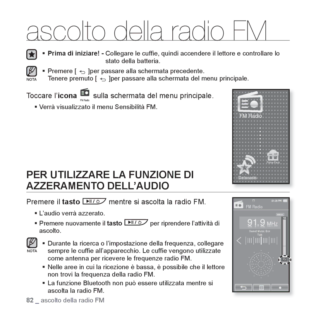 Samsung YP-P2JAW/XET, YP-P2JQB/XET manual Ascolto della radio FM, PER Utilizzare LA Funzione DI Azzeramento DELL’AUDIO 