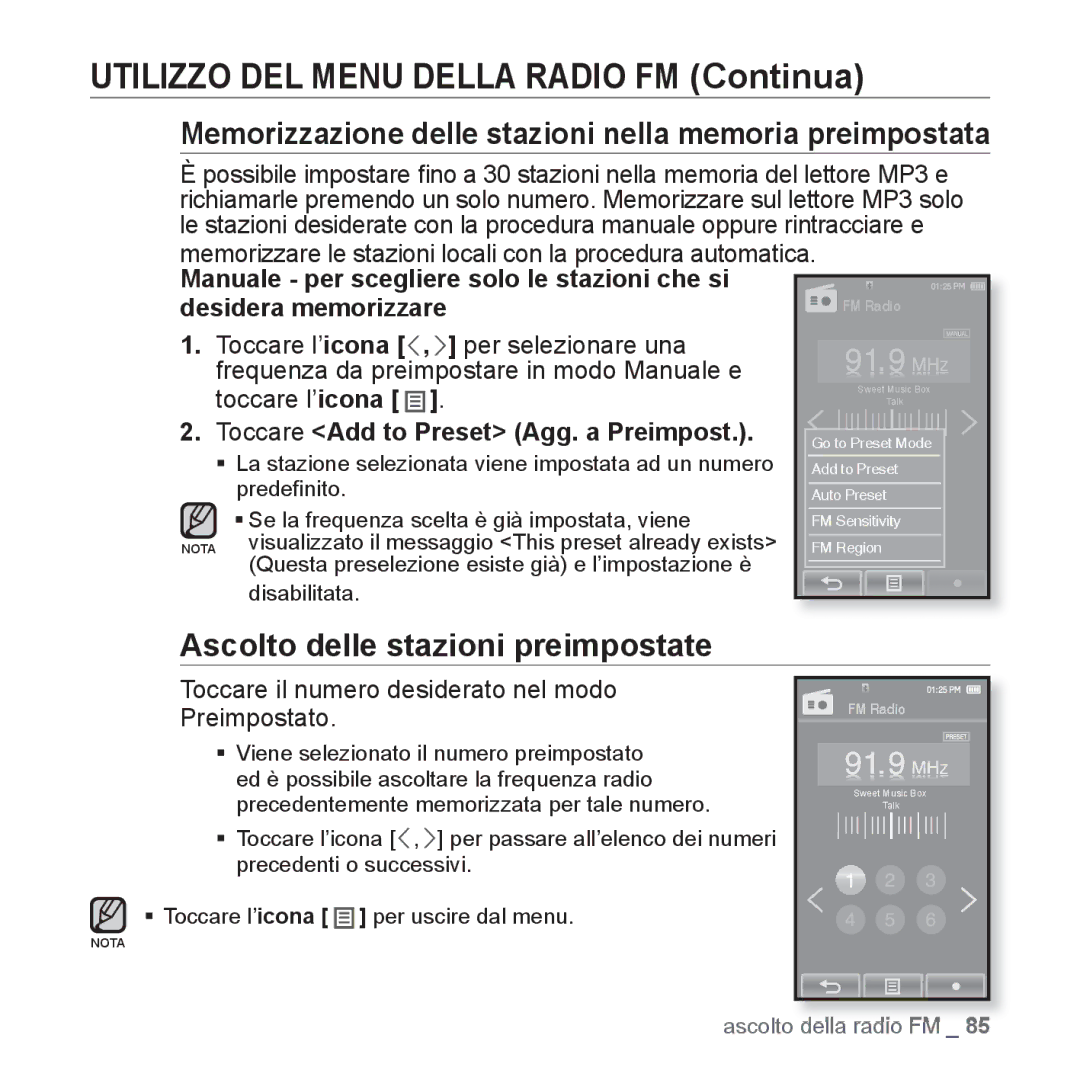 Samsung YP-P2JAB/XET Utilizzo DEL Menu Della Radio FM Continua, Memorizzazione delle stazioni nella memoria preimpostata 