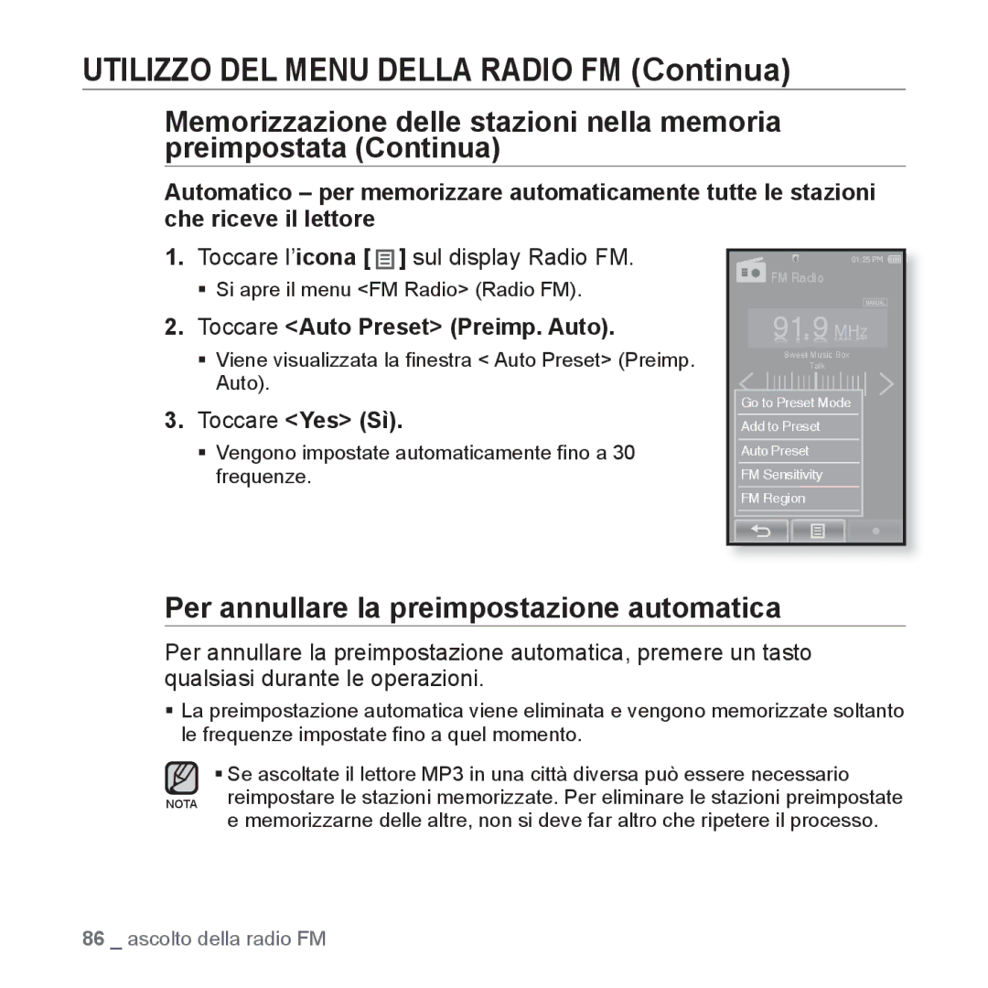 Samsung YP-P2JAW/XET, YP-P2JQB/XET manual Per annullare la preimpostazione automatica, Toccare l’icona sul display Radio FM 