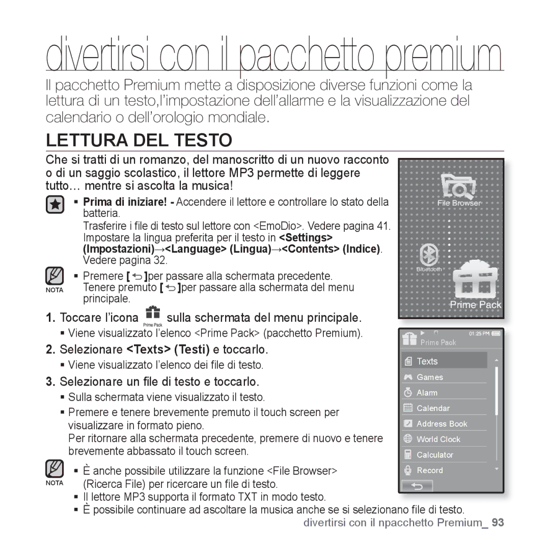 Samsung YP-P2JAB/XET manual Lettura DEL Testo, Selezionare Texts Testi e toccarlo, Selezionare un ﬁle di testo e toccarlo 