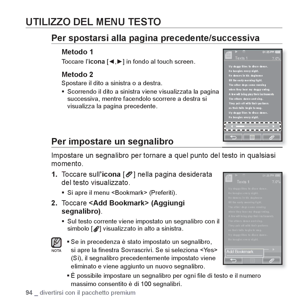 Samsung YP-P2JAW/XET, YP-P2JQB/XET, YP-P2JAB/XET Utilizzo DEL Menu Testo, Per spostarsi alla pagina precedente/successiva 