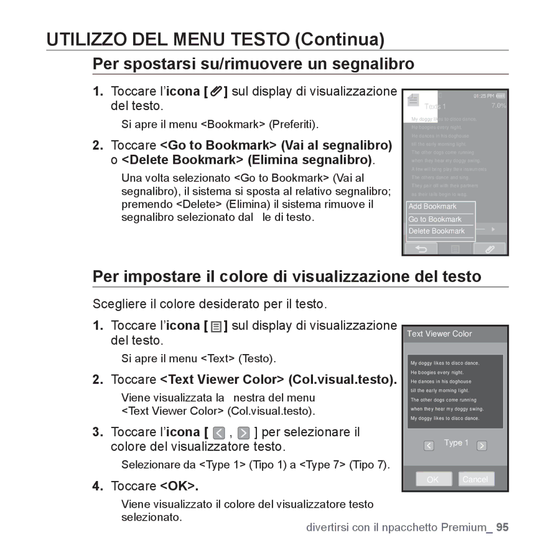 Samsung YP-P2JCB/XET, YP-P2JQB/XET, YP-P2JAB/XET Utilizzo DEL Menu Testo Continua, Per spostarsi su/rimuovere un segnalibro 