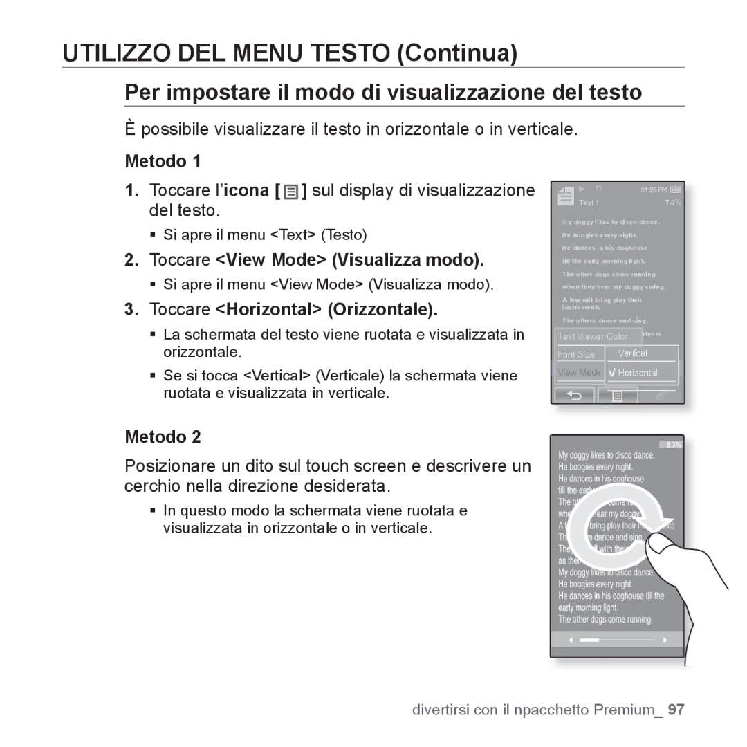 Samsung YP-P2JAB/XET, YP-P2JQB/XET manual Per impostare il modo di visualizzazione del testo, Toccare Horizontal Orizzontale 