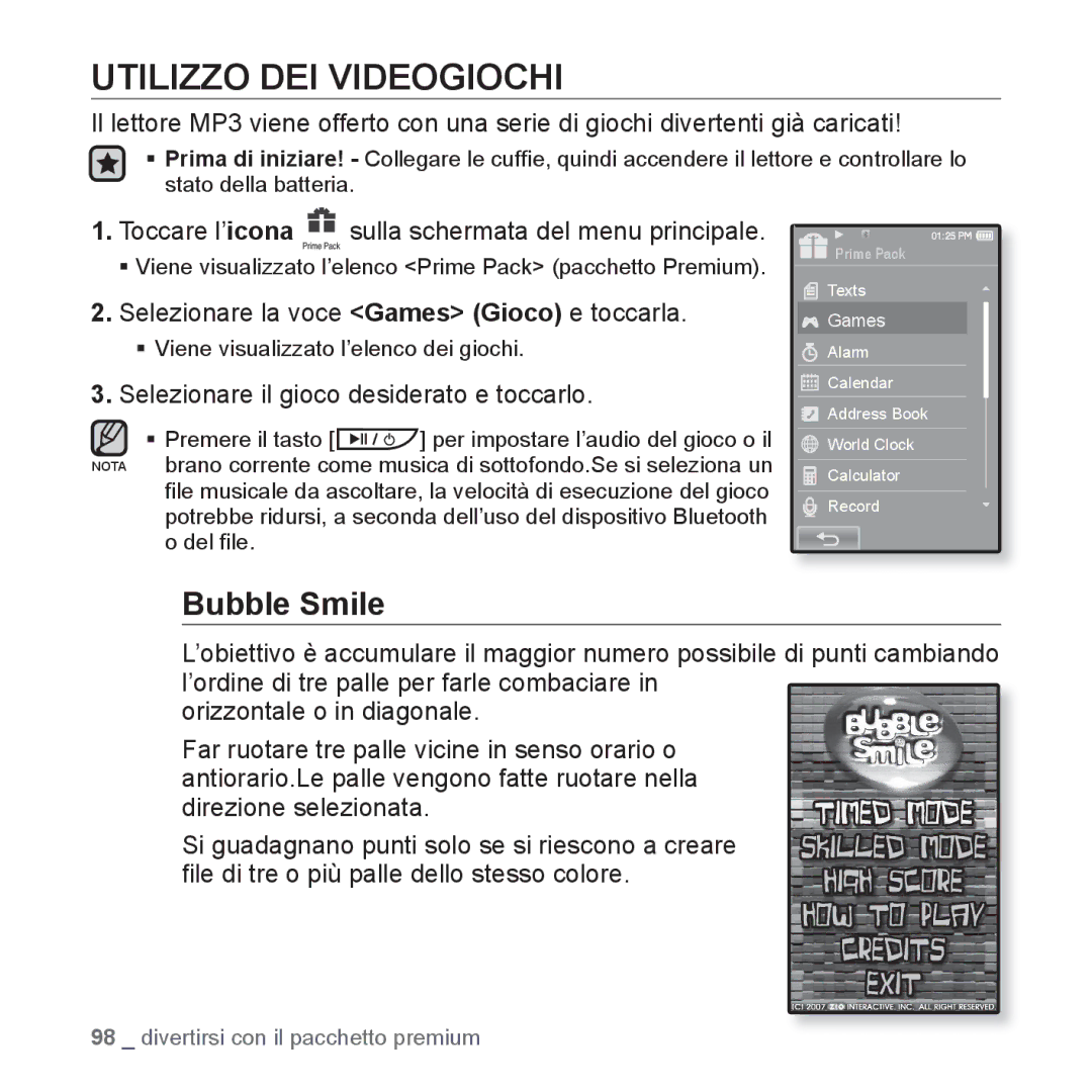 Samsung YP-P2JAW/XET, YP-P2JQB/XET manual Utilizzo DEI Videogiochi, Bubble Smile, Selezionare la voce Games Gioco e toccarla 