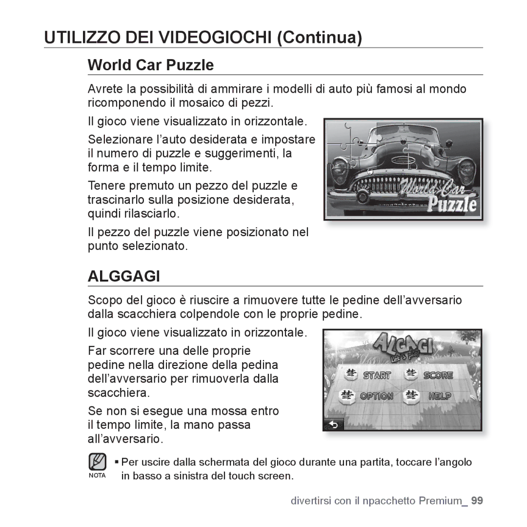 Samsung YP-P2JCB/XET, YP-P2JQB/XET, YP-P2JAB/XET, YP-P2JAW/XET manual Utilizzo DEI Videogiochi Continua, World Car Puzzle 