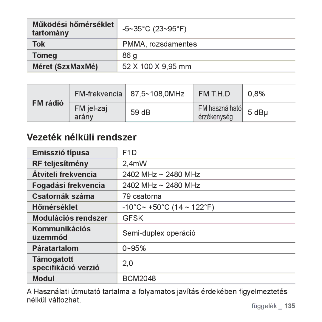 Samsung YP-P2JQW/XEO, YP-P2JQB/XET, YP-P2JAB/XET, YP-P2JAW/XET, YP-P2JCB/XEO, YP-P2JAB/XEO manual Vezeték nélküli rendszer 