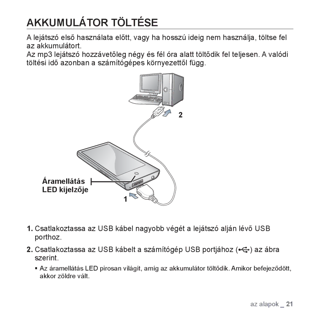 Samsung YP-P2JQW/XET, YP-P2JQB/XET, YP-P2JAB/XET, YP-P2JAW/XET, YP-P2JQW/XEO Akkumulátor Töltése, Áramellátás LED kijelzője 