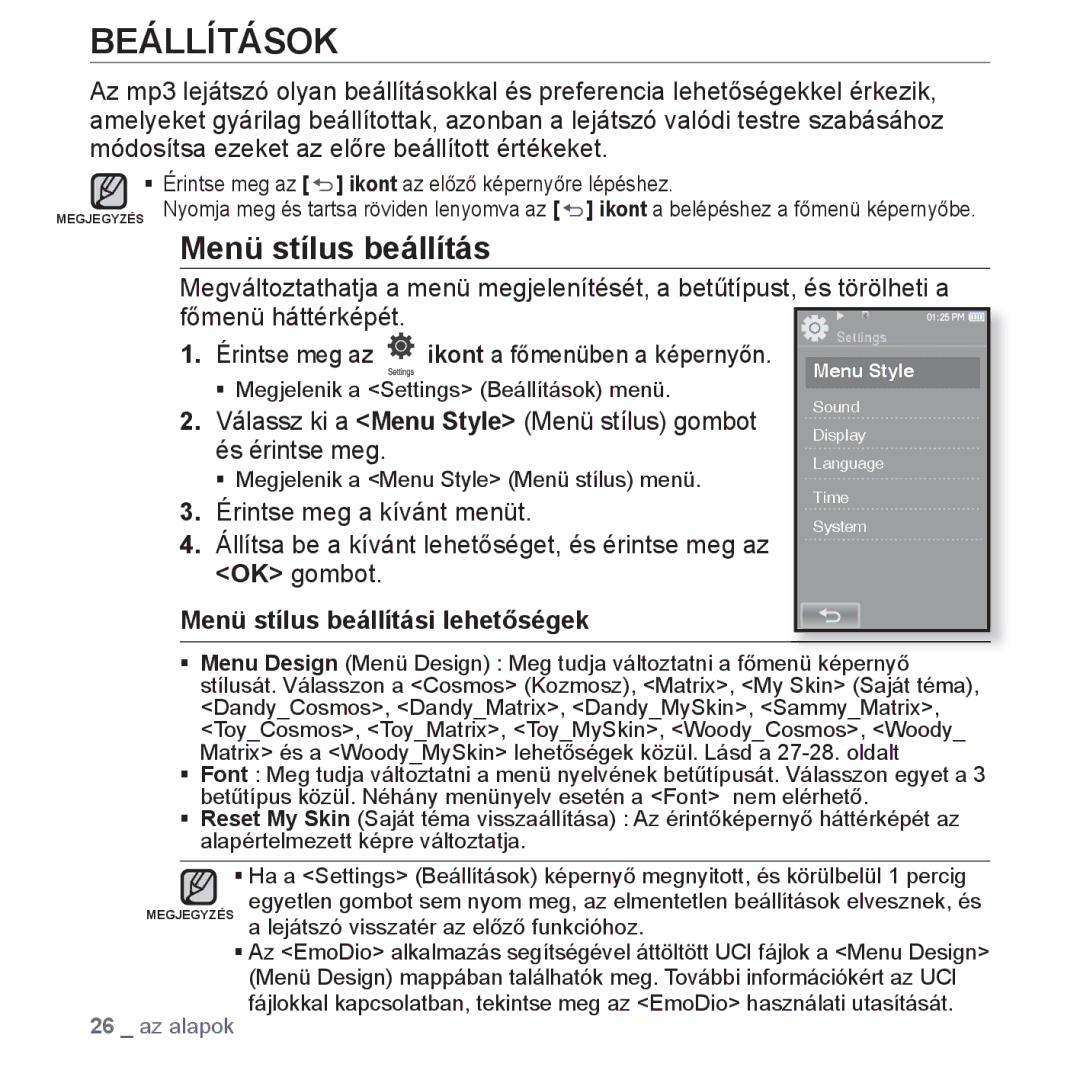 Samsung YP-P2JAW/XET manual Beállítások, Menü stílus beállítás, Válassz ki a Menu Style Menü stílus gombot és érintse meg 