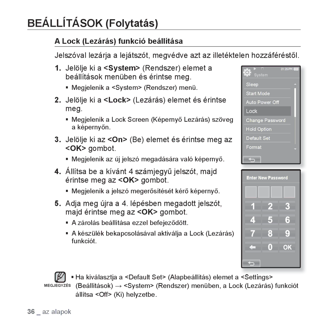 Samsung YP-P2JQB/XET, YP-P2JAB/XET manual Lock Lezárás funkció beállítása, Jelölje ki a Lock Lezárás elemet és érintse meg 