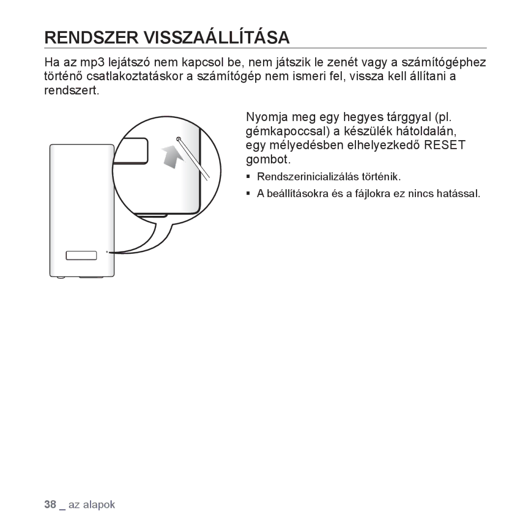 Samsung YP-P2JAW/XET, YP-P2JQB/XET, YP-P2JAB/XET, YP-P2JQW/XEO, YP-P2JCB/XEO, YP-P2JAB/XEO manual Rendszer Visszaállítása 