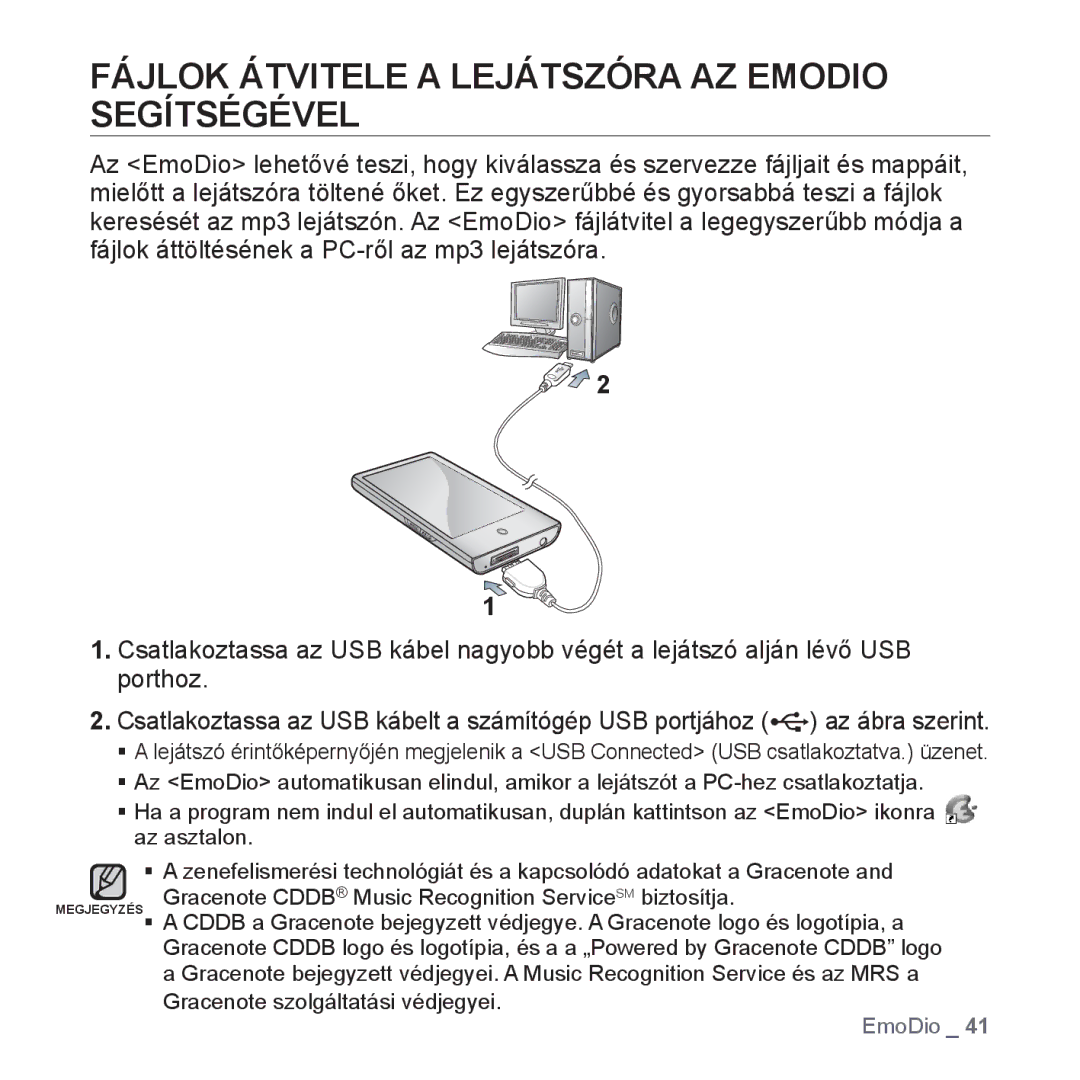 Samsung YP-P2JAB/XEO, YP-P2JQB/XET, YP-P2JAB/XET, YP-P2JAW/XET manual Fájlok Átvitele a Lejátszóra AZ Emodio Segítségével 