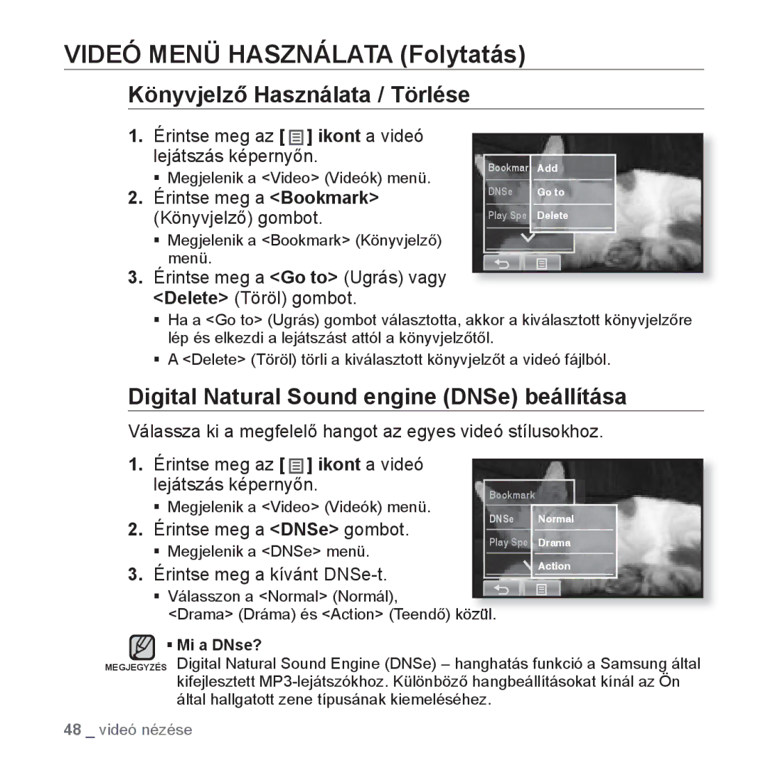Samsung YP-P2JQB/XET, YP-P2JAB/XET, YP-P2JAW/XET manual Videó Menü Használata Folytatás, Könyvjelző Használata / Törlése 