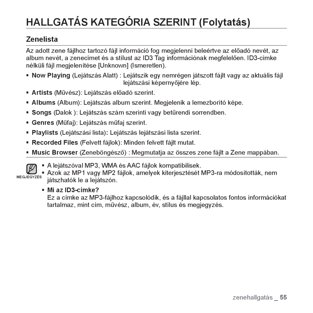 Samsung YP-P2JAW/XEO, YP-P2JQB/XET, YP-P2JAB/XET manual Hallgatás Kategória Szerint Folytatás, Zenelista, ƒ Mi az ID3-címke? 