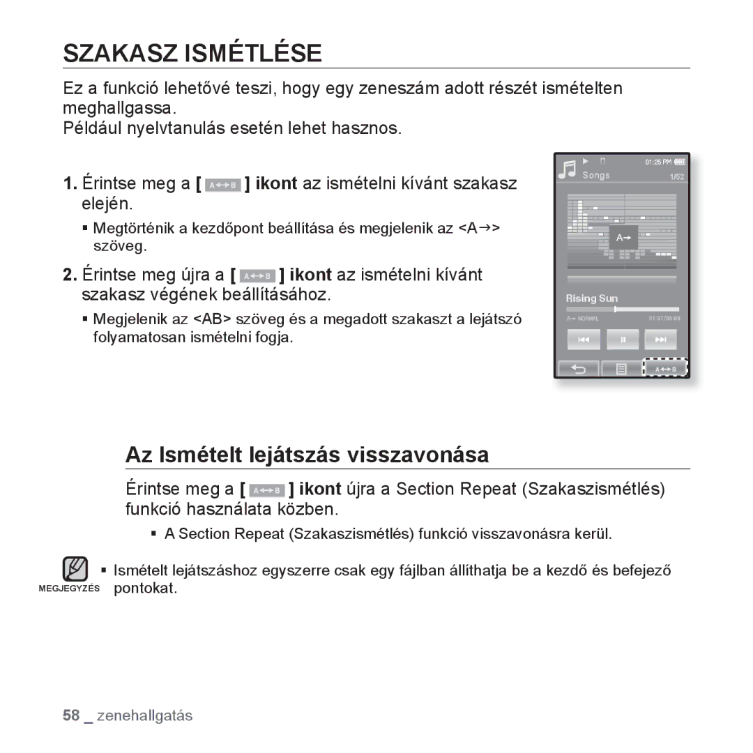 Samsung YP-P2JCB/XEE, YP-P2JQB/XET, YP-P2JAB/XET, YP-P2JAW/XET manual Szakasz Ismétlése, Az Ismételt lejátszás visszavonása 