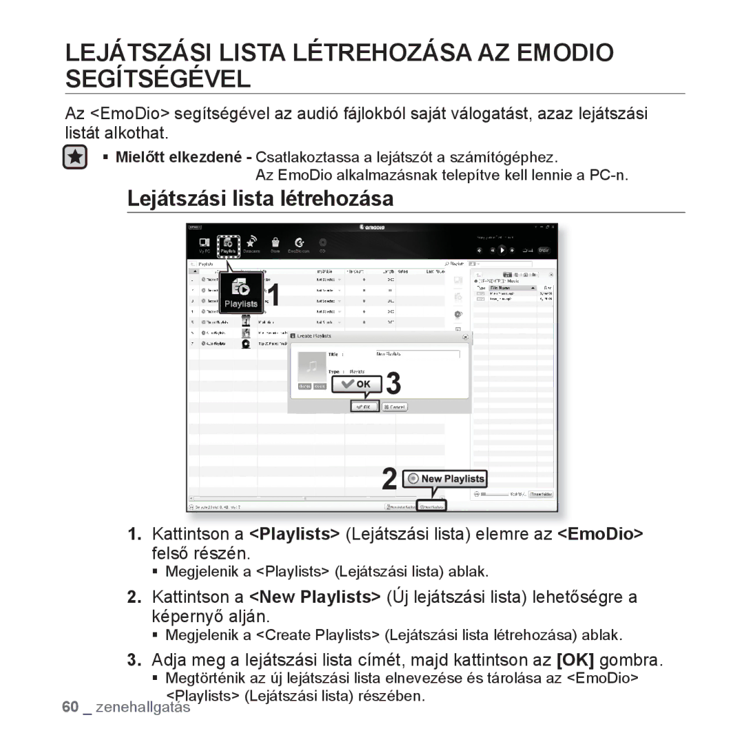 Samsung YP-P2JQB/XET, YP-P2JAB/XET manual Lejátszási Lista Létrehozása AZ Emodio Segítségével, Lejátszási lista létrehozása 