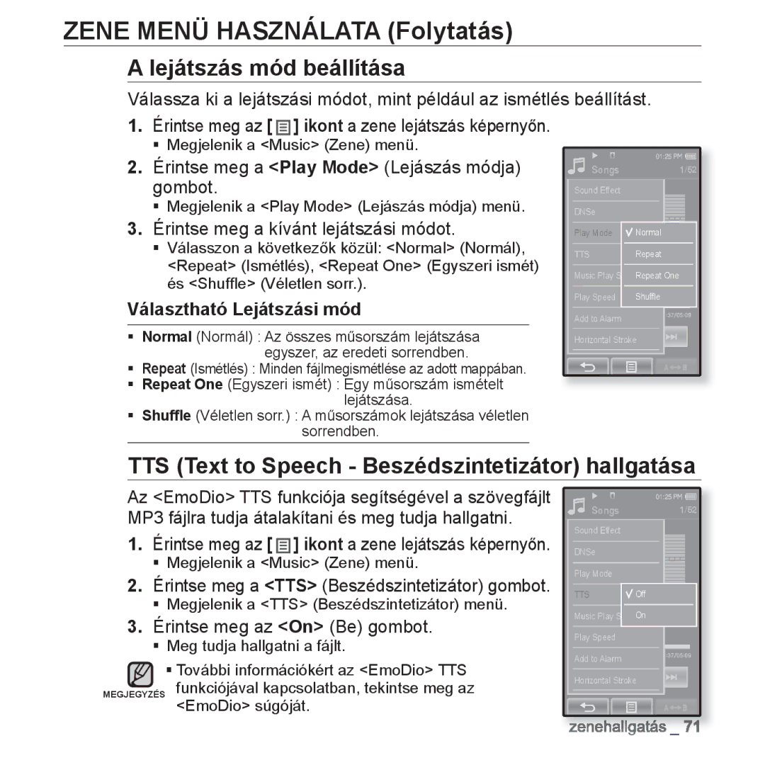 Samsung YP-P2JCW/XEO, YP-P2JQB/XET manual Lejátszás mód beállítása, TTS Text to Speech Beszédszintetizátor hallgatása 