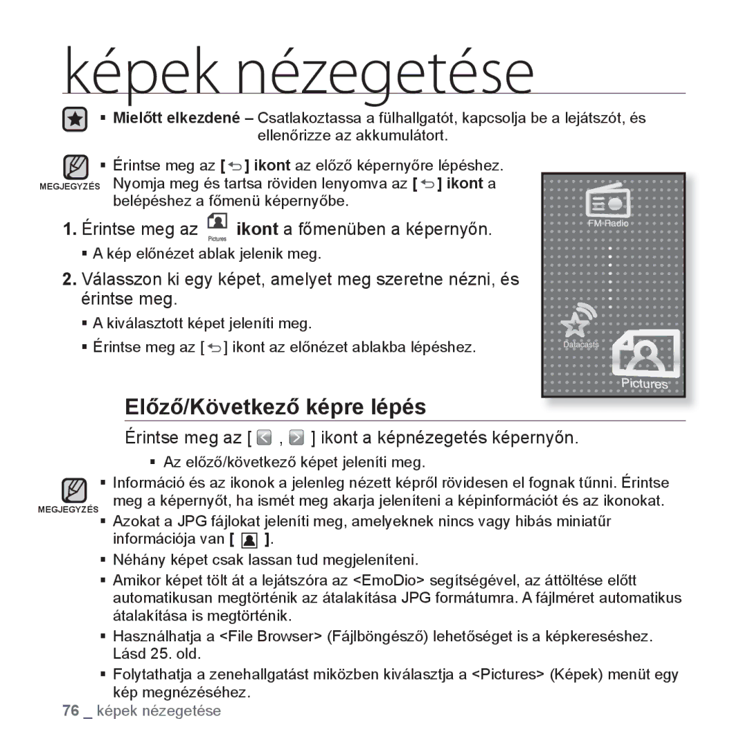 Samsung YP-P2JCB/XEO, YP-P2JQB/XET manual Előző/Következő képre lépés, Érintse meg az , ikont a képnézegetés képernyőn 