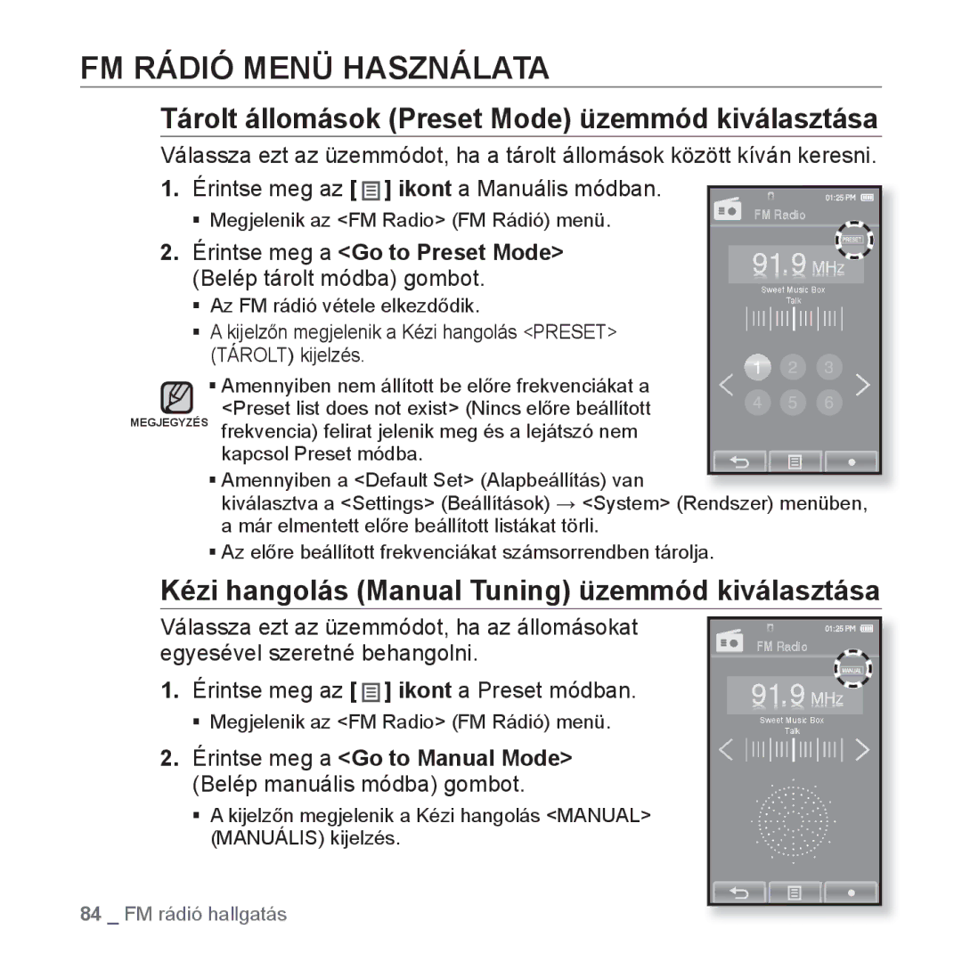 Samsung YP-P2JQB/XET, YP-P2JAB/XET manual FM Rádió Menü Használata, Tárolt állomások Preset Mode üzemmód kiválasztása 