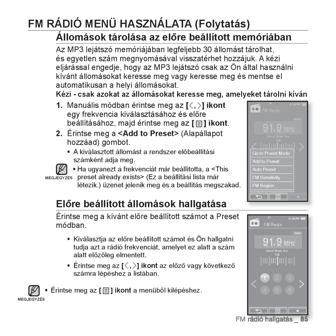 Samsung YP-P2JAB/XET, YP-P2JQB/XET FM Rádió Menü Használata Folytatás, Állomások tárolása az előre beállított memóriában 