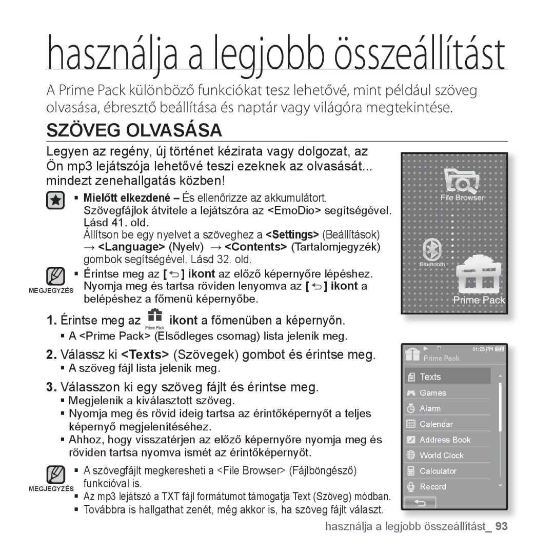 Samsung YP-P2JQW/XET, YP-P2JQB/XET, YP-P2JAB/XET manual Szöveg Olvasása, Válassz ki Texts Szövegek gombot és érintse meg 