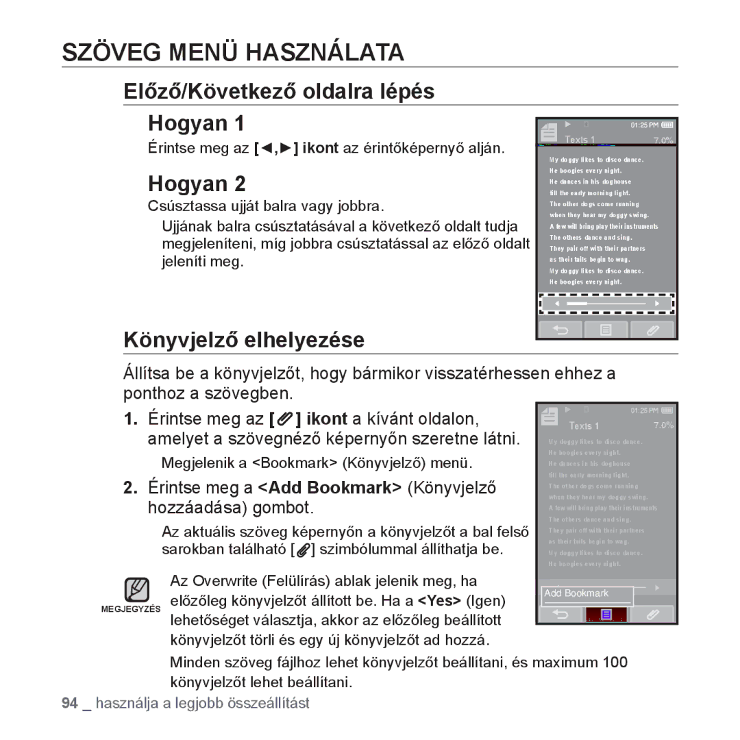 Samsung YP-P2JCB/XEE, YP-P2JQB/XET, YP-P2JAB/XET, YP-P2JAW/XET, YP-P2JQW/XEO, YP-P2JCB/XEO Csúsztassa ujját balra vagy jobbra 