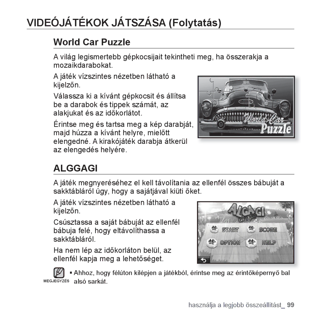 Samsung YP-P2JQW/XEO, YP-P2JQB/XET, YP-P2JAB/XET, YP-P2JAW/XET manual Videójátékok Játszása Folytatás, World Car Puzzle 