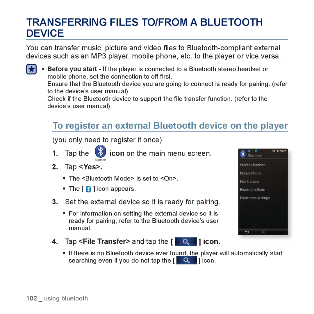 Samsung YP-P3 Transferring Files TO/FROM a Bluetooth Device, To register an external Bluetooth device on the player 