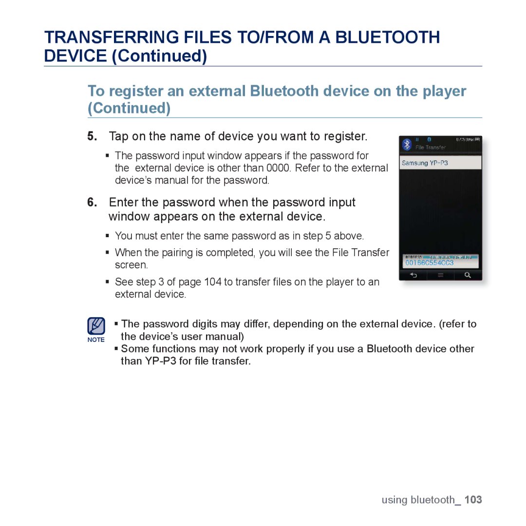 Samsung YP-P3 user manual Transferring Files TO/FROM a Bluetooth Device, Tap on the name of device you want to register 