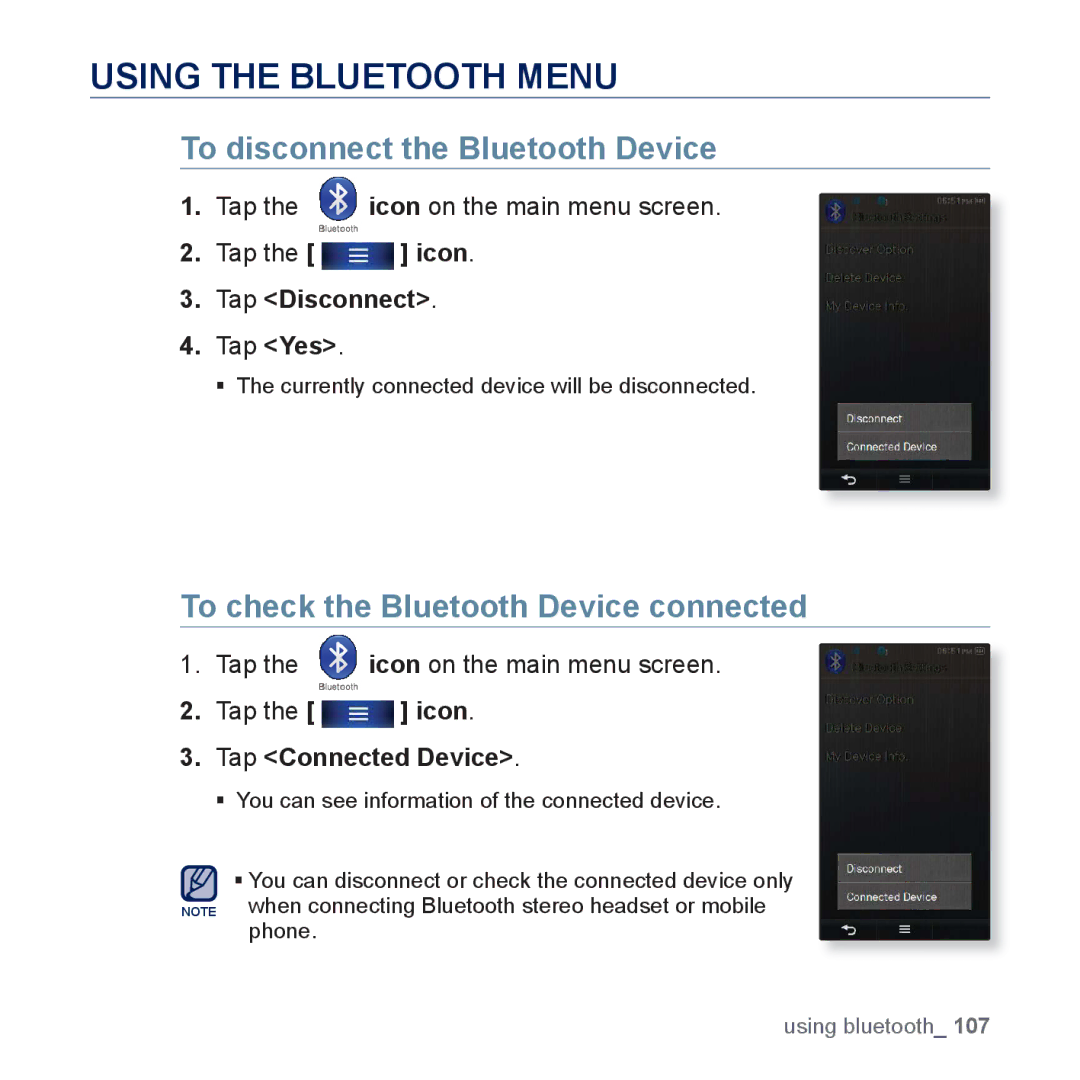 Samsung YP-P3 Using the Bluetooth Menu, To disconnect the Bluetooth Device, To check the Bluetooth Device connected 