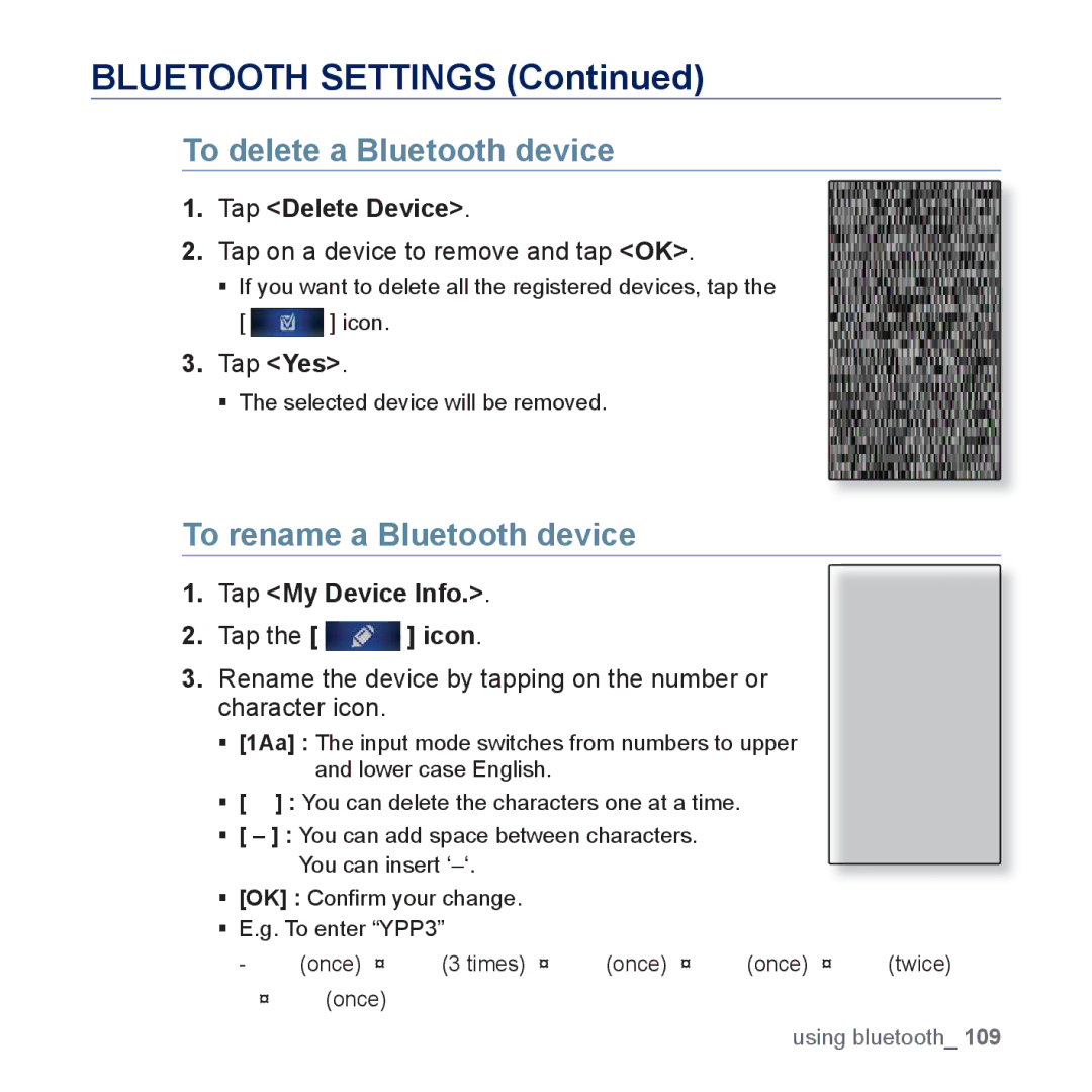 Samsung YP-P3 user manual Bluetooth Settings, To delete a Bluetooth device, To rename a Bluetooth device, Tap Delete Device 