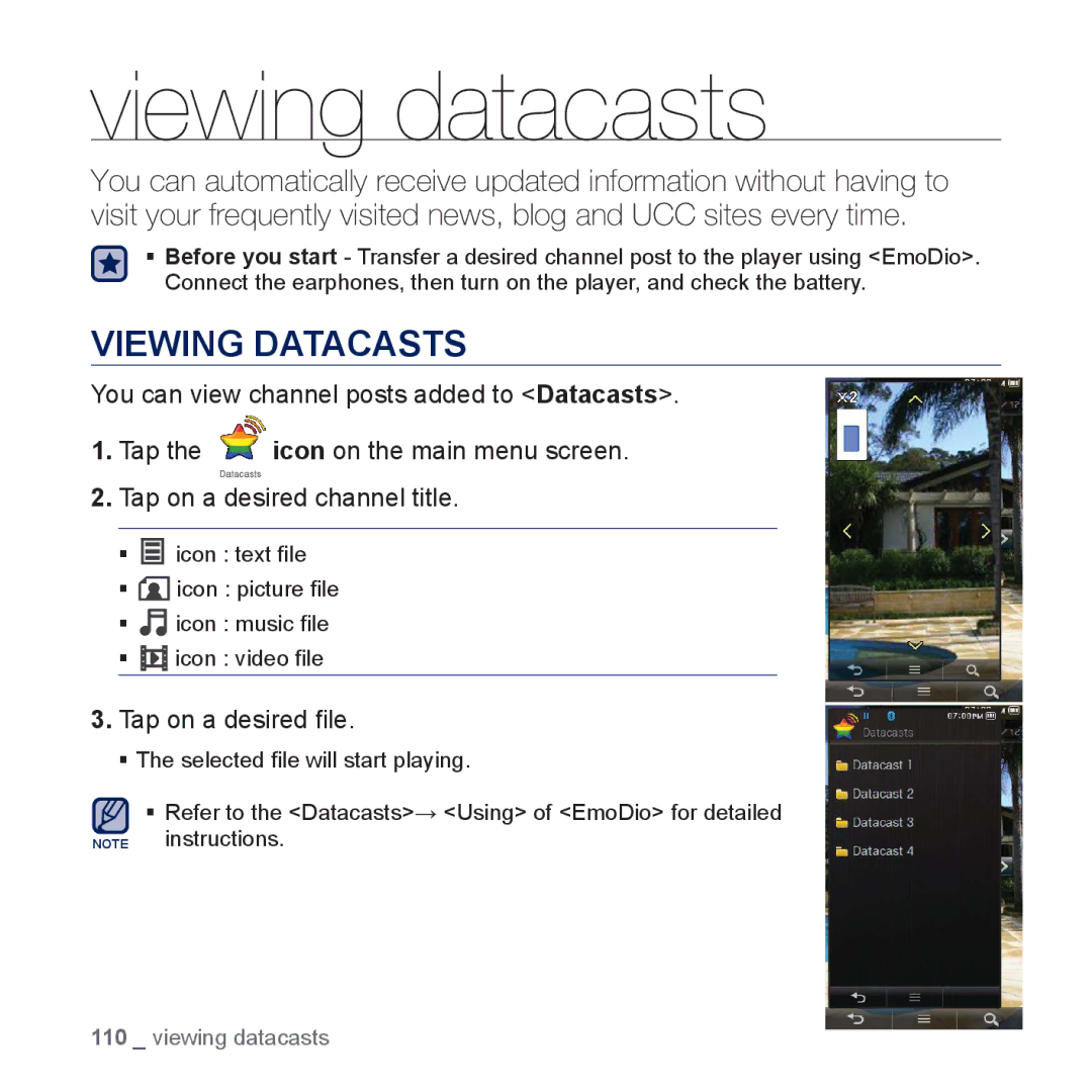 Samsung YP-P3 user manual Viewing datacasts, Viewing Datacasts 