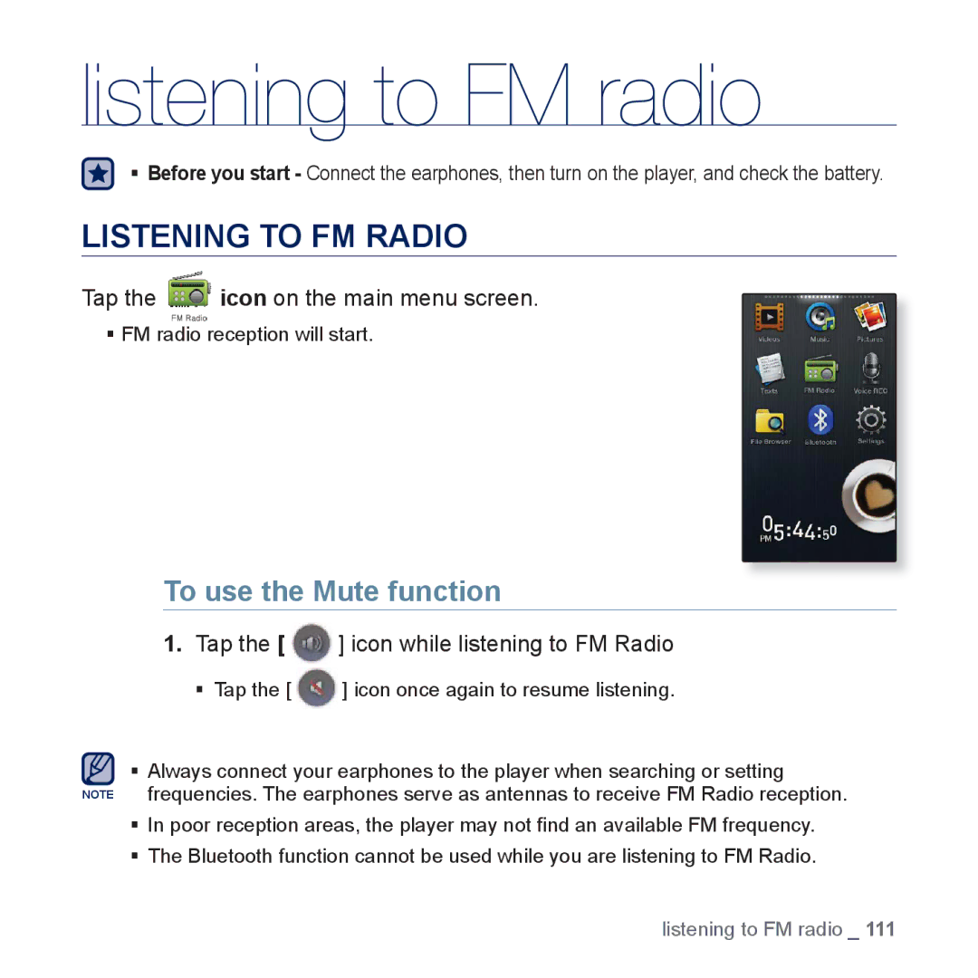 Samsung YP-P3 user manual Listening to FM radio, Listening to FM Radio, To use the Mute function 