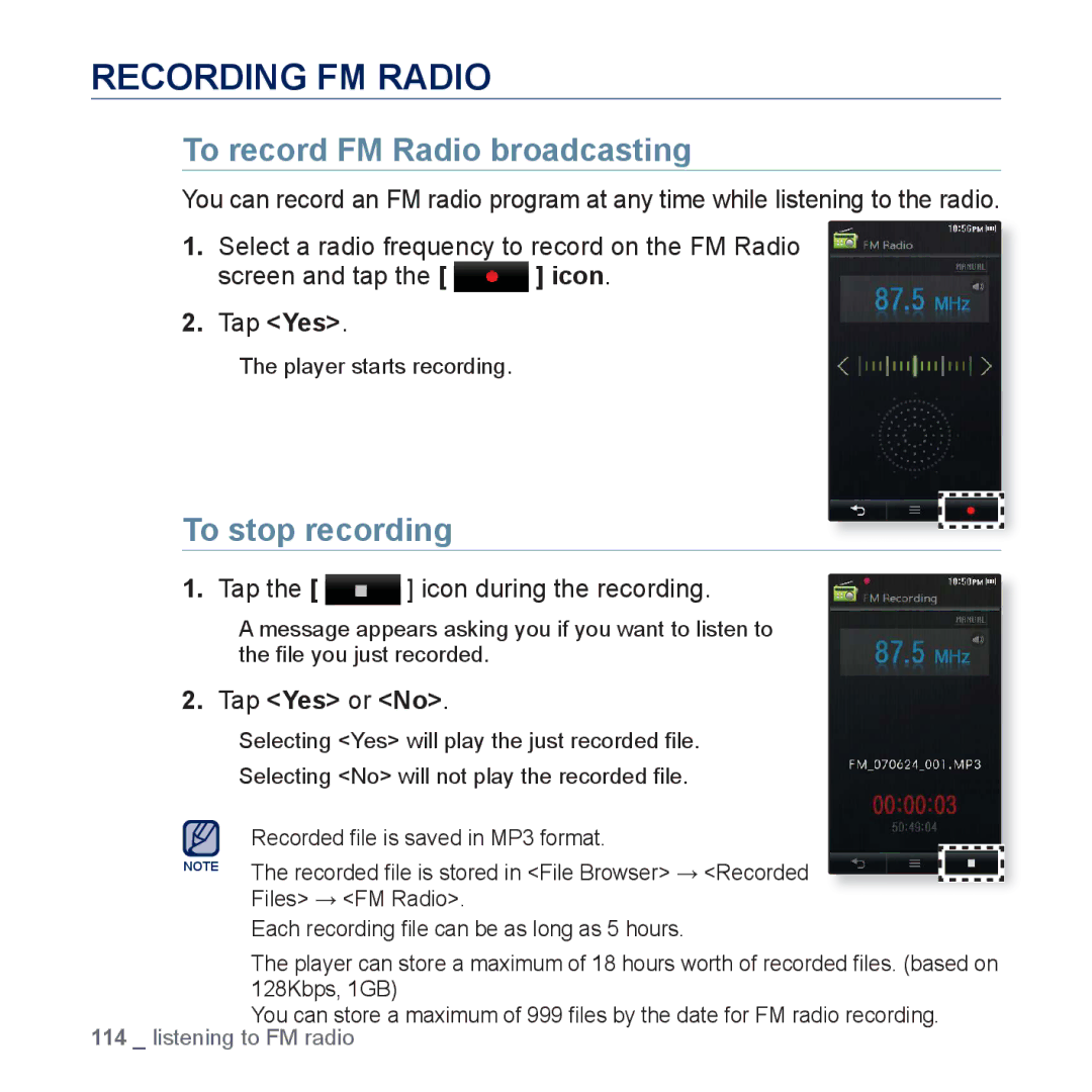 Samsung YP-P3 Recording FM Radio, To record FM Radio broadcasting, To stop recording, Tap the icon during the recording 