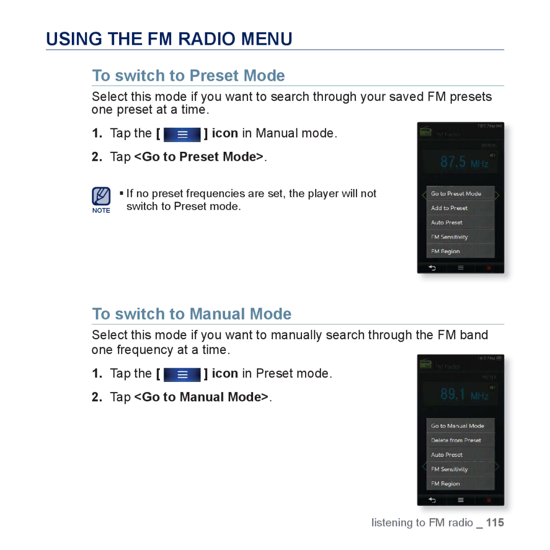 Samsung YP-P3 Using the FM Radio Menu, To switch to Preset Mode, To switch to Manual Mode, Tap Go to Preset Mode 